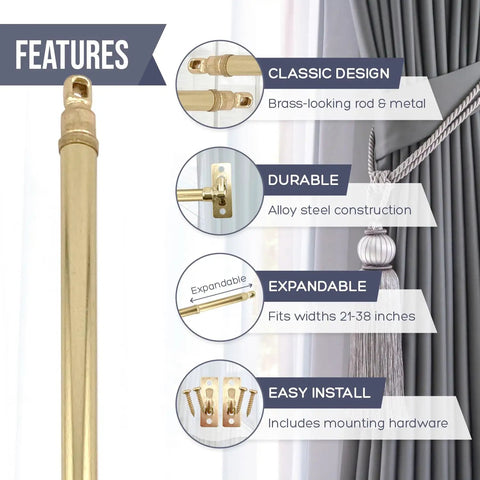 Slick Swivel End Sash Curtain Rods With Heavy Duty Metal Brackets For Doors And Windows Smooth Swinging Action Effortless Install Brass Finish features.