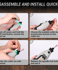 Steps showing how to assemble and use the Do It All Rotary Tool Kit With 1.4 Amp Motor And 8000 To 35000 RPM Six Speed Control