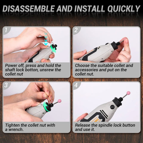 Steps showing how to assemble and use the Do It All Rotary Tool Kit With 1.4 Amp Motor And 8000 To 35000 RPM Six Speed Control
