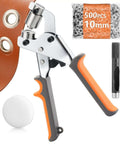 Heavy Duty Manual Grommet Press Kit With 500 Metal Eyelets for fabric, tarps, banners close-up showing tool and eyelets