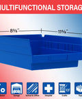 Heavy Duty Pro Grade Plastic Shelf Bins 12x8x4 Inches Blue 12 Pack For Garage Closet And Drawer Organization Versatile Storage Bins That Fit 12 18 And 24 Inch Shelves Under Sink And Cabinet Organizer with dimensions displayed