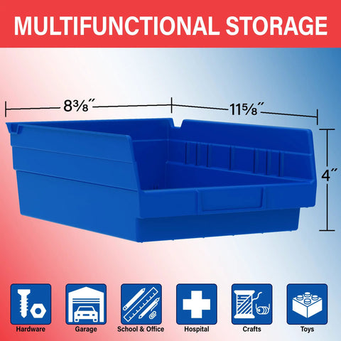 Heavy Duty Pro Grade Plastic Shelf Bins 12x8x4 Inches Blue 12 Pack For Garage Closet And Drawer Organization Versatile Storage Bins That Fit 12 18 And 24 Inch Shelves Under Sink And Cabinet Organizer with dimensions displayed