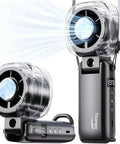 Portable Handheld Turbo Fan On The Go With Ice Cooling And 45ml Mist Tank, featuring digital display and controls, in black.