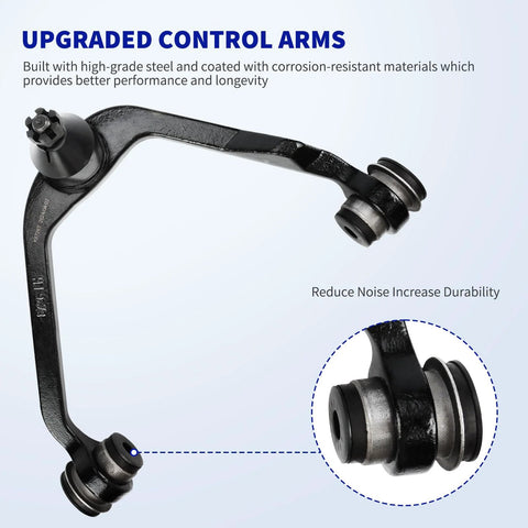 Front upper suspension control arm with black metal finish and rubber bushings; side view with bushing close-up inset.