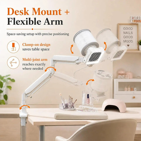 Kickass Nail Dust Collector With Hecka Strong 60W Suction And Full Coverage Cyclone Airflow, clamp mount with flexible arm for salon tables.