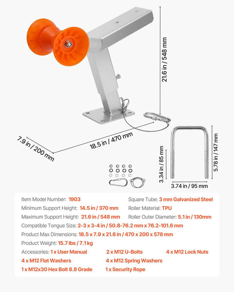 Hella Durable Adjustable Boat Trailer Winch Stand With Roller Hot Dip Galvanized Steel, 21.6 in height, for jet skis and speedboats.