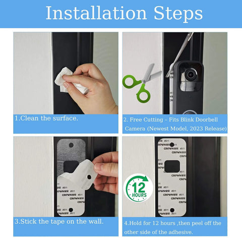 Installation steps for Drill-Free Adhesive Mounting Strips For Video Doorbell, 4-Pack, Residue-Free Tape, Tool-Free Install.