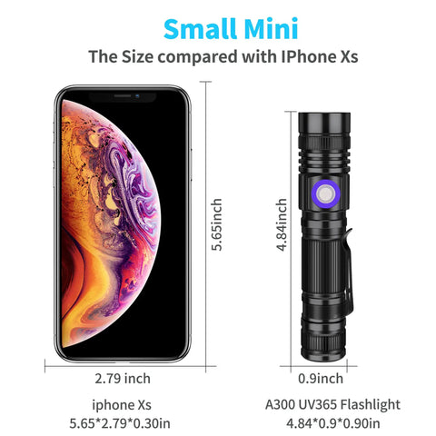 Pro Grade 395Nm UV Black Light Flashlight USB Rechargeable Handheld With Clip next to an iPhone Xs for size comparison