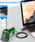Long Range UHF RFID Barcode Scanner With 2D 1D And QR Reading connected to a laptop via USB showcasing its three connection modes.