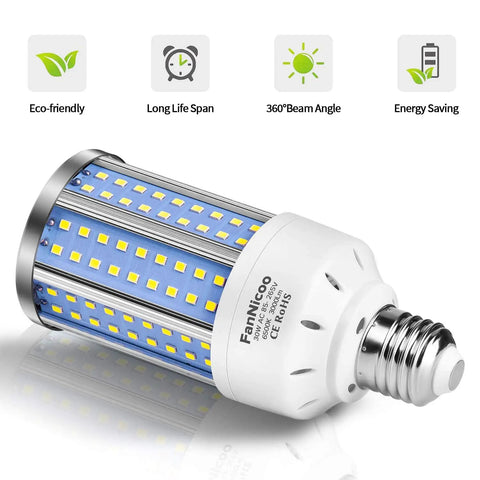 Two Pack 30W LED Corn Light Bulbs 200W Equivalent Ultra Bright 6000 Lumens 6500K Cool White Daylight E26 E27 Medium Base product image