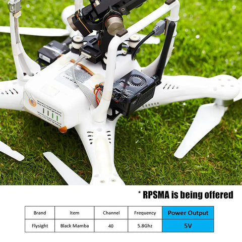 FPV drone featuring Black Mamba 5.8GHz FPV Transmitter VTX 40 Channel For GoPro And FPV Drones 5V Output With RPSMA Antenna Connector