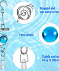 Product focus keyword is: Three Pack Gazing Ball Spiral Tail Wind Spinner Set With Hanging Swivel Hooks For Indoor Outdoor Decor Glass Orbs In Red Sky Blue And Navy Blue For A Killer Garden Balcony Vibe. Stainless steel swivel hook and clip with blue glass orb.
