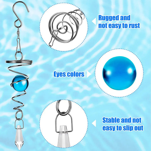 Product focus keyword is: Three Pack Gazing Ball Spiral Tail Wind Spinner Set With Hanging Swivel Hooks For Indoor Outdoor Decor Glass Orbs In Red Sky Blue And Navy Blue For A Killer Garden Balcony Vibe. Stainless steel swivel hook and clip with blue glass orb.