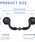 Antique Black Bail Drop Drawer Pulls 4 Pack With 3.5 Inch Hole Center And 4.72 Inch Total Length, size details and screws shown.