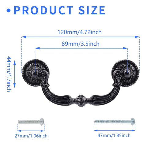 Antique Black Bail Drop Drawer Pulls 4 Pack With 3.5 Inch Hole Center And 4.72 Inch Total Length, size details and screws shown.