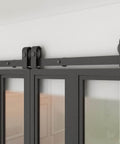 Close-up of Frosted Glass Double Bi Fold Barn Doors with Black Steel Frame and Sliding Hardware Kit installed.