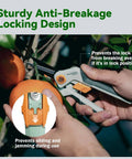 Close-up of garden pruning scissors cutting an orange tree branch, showing the anti-breakage lock feature and nonstick Teflon coating.