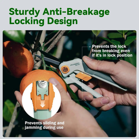 Close-up of garden pruning scissors cutting an orange tree branch, showing the anti-breakage lock feature and nonstick Teflon coating.