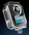 GoPro MAX2 Waterproof Dive Case With 50M Depth Rating showing front view with clear PC shell and attached bracket for action cameras.