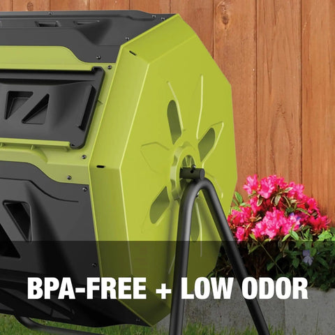 Close-up of an Outdoor Tumbling Composter Bin with Dual 360 Degree Rotation and 42 Gallon Capacity, in garden setting.