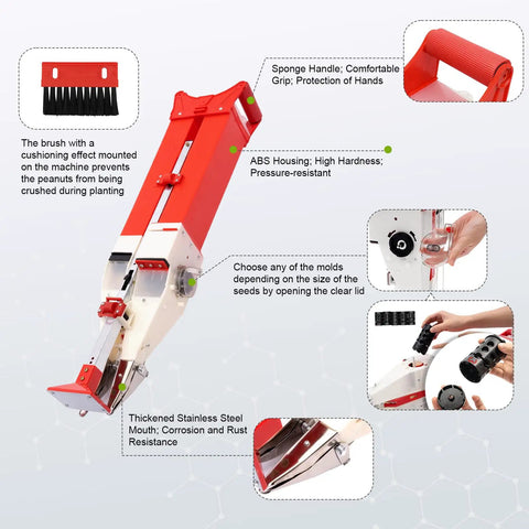 Detailed view of Handheld Seed Planter And Fertilizer Spreader with adjustable features, sponge handle, and steel seeder.