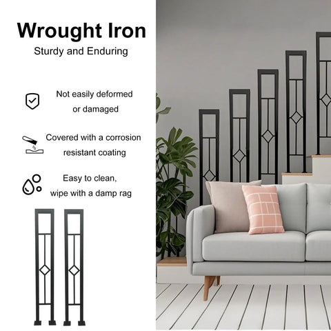 Rock Solid U Shaped Stair Handrails 2 Pack Sleek Matte Black Wrought Iron Railing With Rhombus Openwork Cutouts showcased in living room.