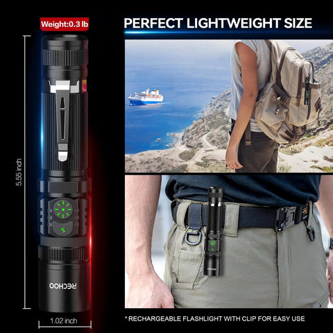 Rechargeable LED Flashlight 1000 Lumens With Dual Switch clipped to belt, perfect for camping and outdoor adventures.