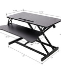 31.5 Inch Height Adjustable Standing Desk Converter Featuring Ergonomic Keyboard Tray And Monitor Riser showing dimensions and design in black.