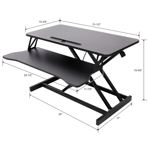 31.5 Inch Height Adjustable Standing Desk Converter Featuring Ergonomic Keyboard Tray And Monitor Riser showing dimensions and design in black.