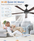 Woman relaxing with dog under 52 Inch Black Ceiling Fan With Remote No Light Quiet Reversible DC Motor Six Speeds