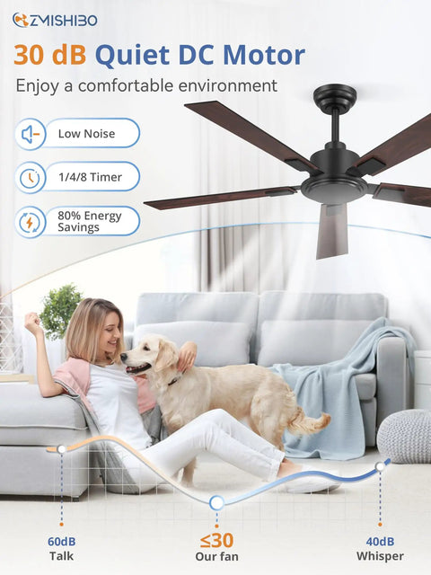 Woman relaxing with dog under 52 Inch Black Ceiling Fan With Remote No Light Quiet Reversible DC Motor Six Speeds