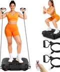 Woman exercising on Vibration Plate Exercise Machine For Lymphatic Drainage And Weight Loss with resistance bands, remote shown
