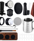 Professional 13 Piece Espresso Kit Featuring 51 Mm Tamper And Wdt Tool For Badass Shots Includes Steel Frothing Pitcher Sandalwood Base Brew Mat And Full Latte Art Accessory Set parts including tamper, pitcher, and tools.
