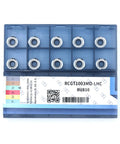 Blue organizer case containing ten silver round milling inserts with black centers.