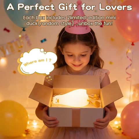 Child opening gift box with Squishy Silicone Rubber Duck Night Light For Nursery Baby And Kids Dimmable Rechargeable Touch Led Lamp