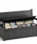 80 Gallon Outdoor Storage Bench Deck Box Waterproof Resin Lockable UV Resistant Garden Furniture For Porch Patio Poolside Black Cushion Included