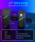 Desktop PC Speakers With Easy Knob For Rich Clear Powerful Sound Touch Lights Plug And Play USB And AUX image showing dimensions and features.