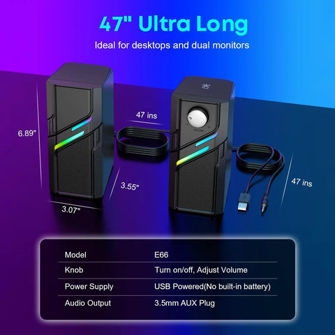 Desktop PC Speakers With Easy Knob For Rich Clear Powerful Sound Touch Lights Plug And Play USB And AUX image showing dimensions and features.