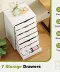 Seven Drawer Rolling Storage Cabinet With Smooth Gliding Casters, Compact White Wood Organizer For Under Desk mobile dresser with open drawers displaying items.