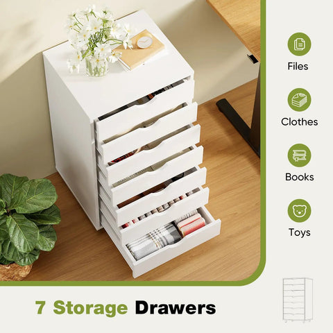 Seven Drawer Rolling Storage Cabinet With Smooth Gliding Casters, Compact White Wood Organizer For Under Desk mobile dresser with open drawers displaying items.