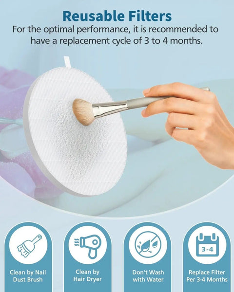 Hand holding nail brush near Replacement Filters Four Pack For Nail Dust Collectors, Compatible With MelodySusie HPro And SProR Models