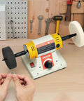 Beefy 8 Inch Bench Buffer Polisher with 370W copper motor in home workshop polishing jewelry, displaying dual buffing wheels.