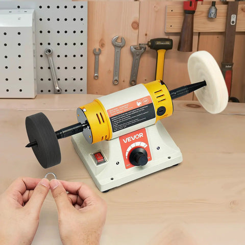 Heavy Hitter 1/2HP Bench Buffer Polisher Machine With Variable Speed Benchtop Grinder Running Up To 8000RPM and buffing jewelry.