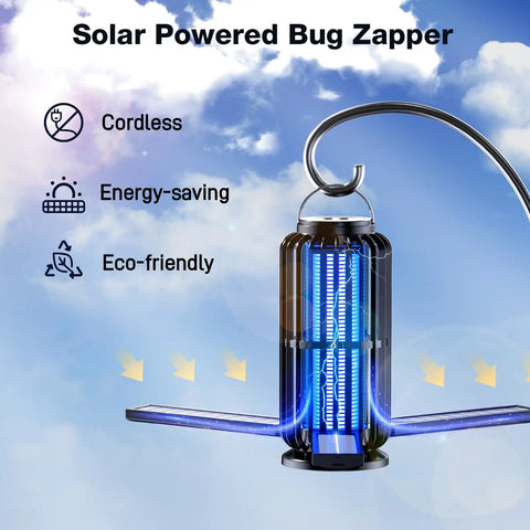 Cordless Bug Zapper For Patio And Camping Solar Powered Mosquito Zapper With LED Light, showing the energy-saving features.