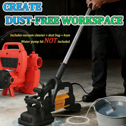 Heavy Duty Variable Speed Concrete Sander With Four Head Interlocking Extension Rods For Marble And Cement Polishing Industrial Grade Floor Grinder With Dust Proof Side Cover For 90 Degree Wall Grinding 220V Vacuum Ready shown in use with accessories