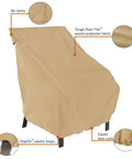 Terrazzo Water Resistant 26 Inch High Back Patio Chair Cover with air vents, elastic loops, and hem cord shown on chair