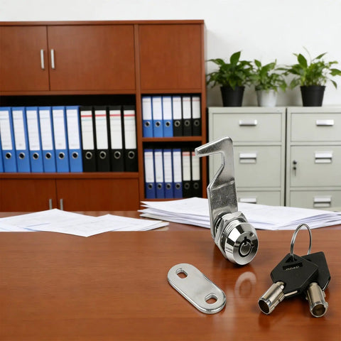 Five Eighth Inch Tubular Cam Lock Keyed Alike Zinc Alloy Lock with keys on desk near office cabinets