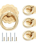 4 Pack Antique Brass Ring Pulls 30mm Diameter Vintage Gold Cabinet Hardware Flower Shape Ring Pull Knobs with Mounting Screws