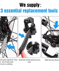 Three tools for brake installation, including gap regulator, hydraulic piston press, and hex wrench for Two Pairs Sintered Metal Disc Brake Pads For Ebike MTB And Scooter With Tools Kit Included For Easy Installation Gap Regulator Hydraulic Piston Press Tool And Hex Wrench Compatible With Deore XT SLX Saint XTR M596 M975 M965