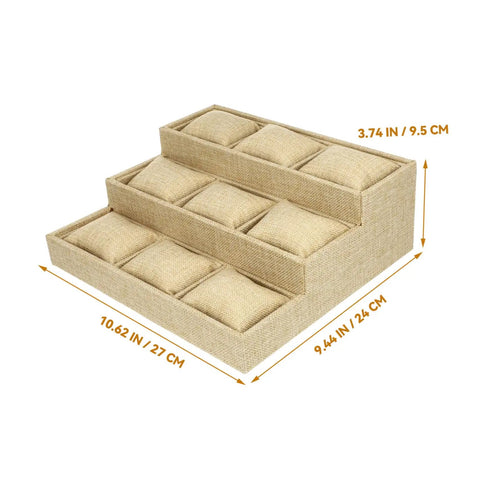 Top Linen Watch Tray With 9 Grids For Jewelry And Watch Storage. Khaki linen valet dish with three-tiered design.